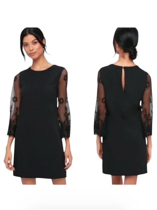 Lulus Dresses & Skirts - Lulu's Small Once Upon A Midnight Black Crewneck Long Mesh Sleeve Cocktail Dre…